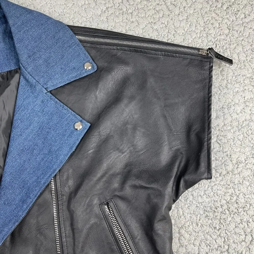 TRACTR Leather Denim Contrasting Moto Jacket Womens XL Short Sleeve Zip Biker - Picture 3 of 11